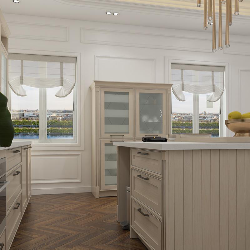 Gabinete de cocina de PVC de diseño de lujo de color beige clásico con accesorios de almacenamiento
